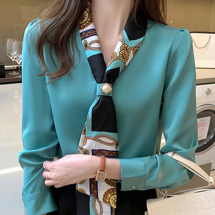 Elegant Office Lady Bow Chiffon Blouse - V-Neck Long Sleeve Spring Autumn Top