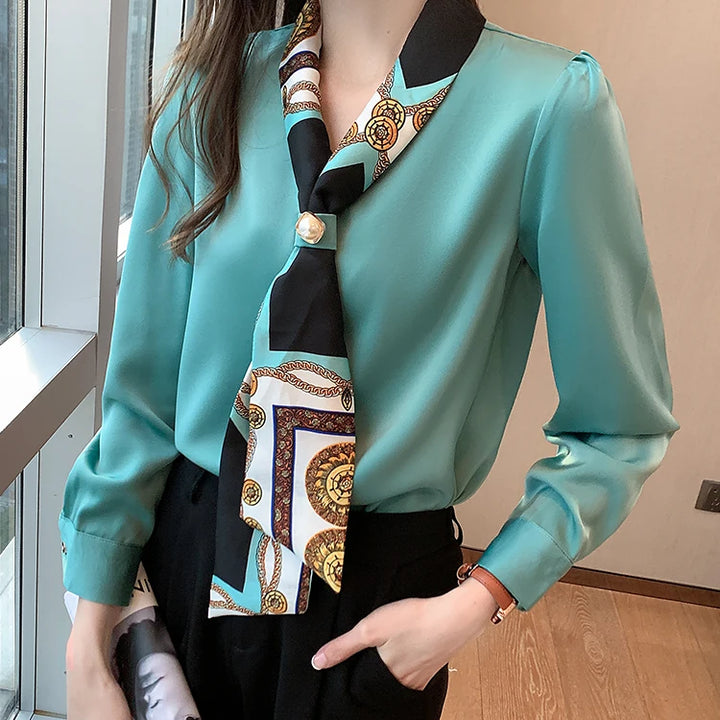 Elegant Office Lady Bow Chiffon Blouse - V-Neck Long Sleeve Spring Autumn Top