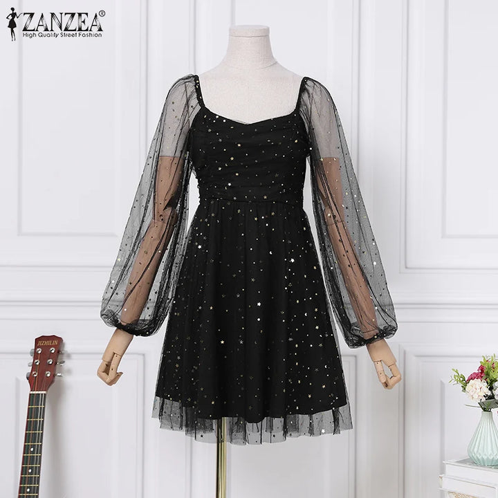 ZANZEA Lace Patchwork A-line Dress, knee-length with long sleeves