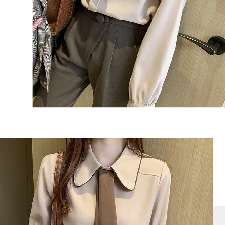 Long Sleeve Chiffon Blouse - Turn Down Collar Office Top