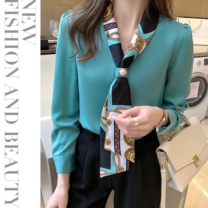 Elegant Office Lady Bow Chiffon Blouse - V-Neck Long Sleeve Spring Autumn Top