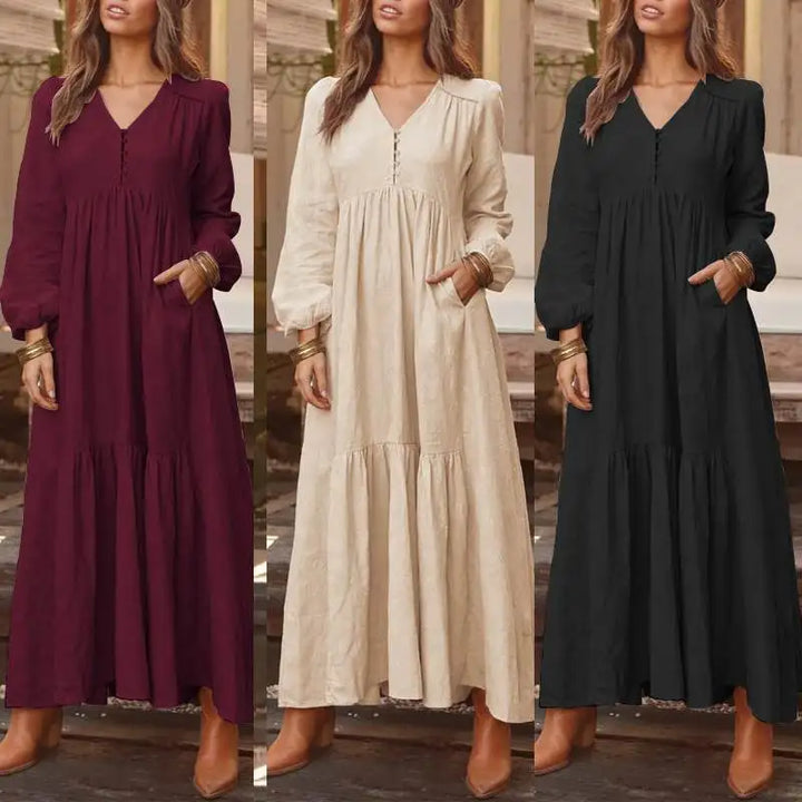 ZANZEA Bohemian Cotton Linen Maxi Dress - V-Neck Pleated Casual Kaftan