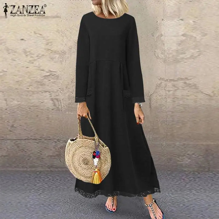 ZANZEA Lace Patchwork Hoodie Dress - Autumn Maxi Sweatshirt Sundress