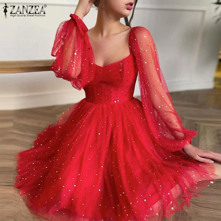 ZANZEA Lace Patchwork A-line Dress, knee-length with long sleeves