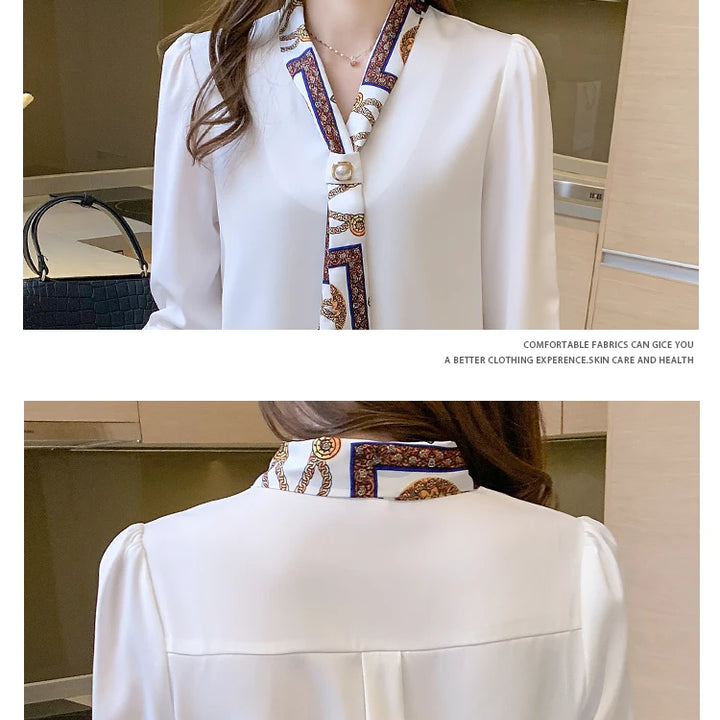 Elegant Office Lady Bow Chiffon Blouse - V-Neck Long Sleeve Spring Autumn Top