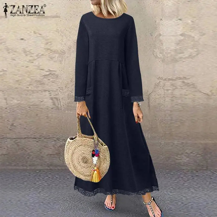 ZANZEA Lace Patchwork Hoodie Dress - Autumn Maxi Sweatshirt Sundress