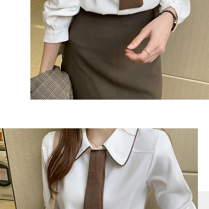 Long Sleeve Chiffon Blouse - Turn Down Collar Office Top