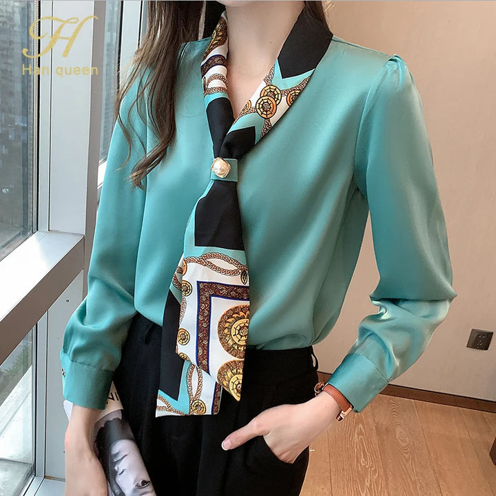 Spring Chiffon Blouse - Bow Long Sleeve Office Lady Casual Top