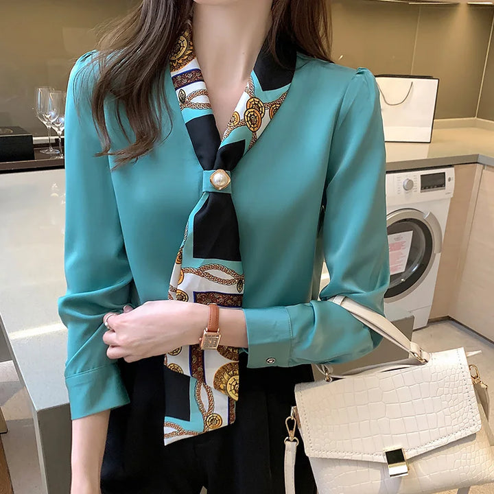 Elegant Office Lady Bow Chiffon Blouse - V-Neck Long Sleeve Spring Autumn Top