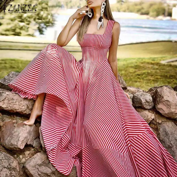 ZANZEA Bohemian Striped Maxi Dress - Elegant Sleeveless Summer Sundress