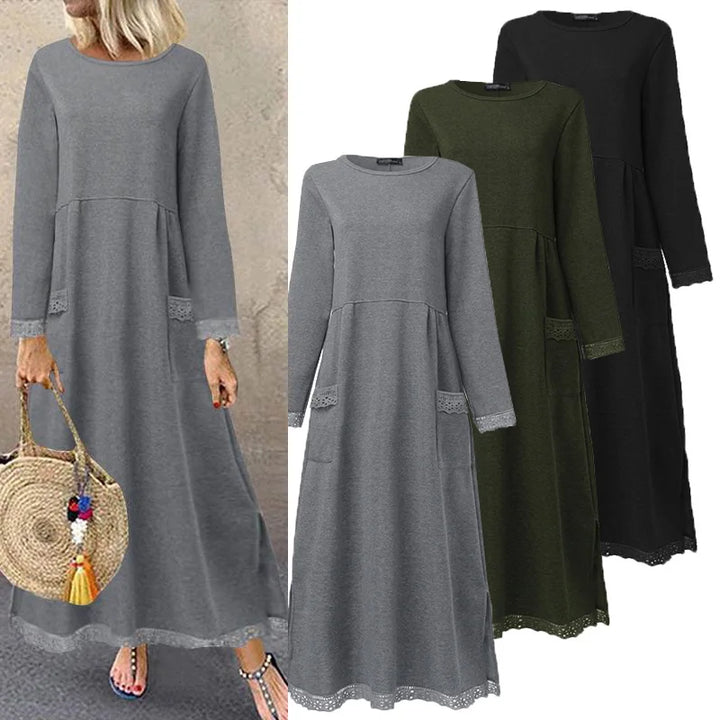 ZANZEA Lace Patchwork Hoodie Dress - Autumn Maxi Sweatshirt Sundress