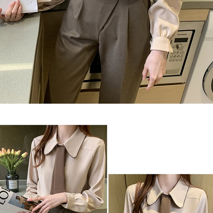 Long Sleeve Chiffon Blouse - Turn Down Collar Office Top