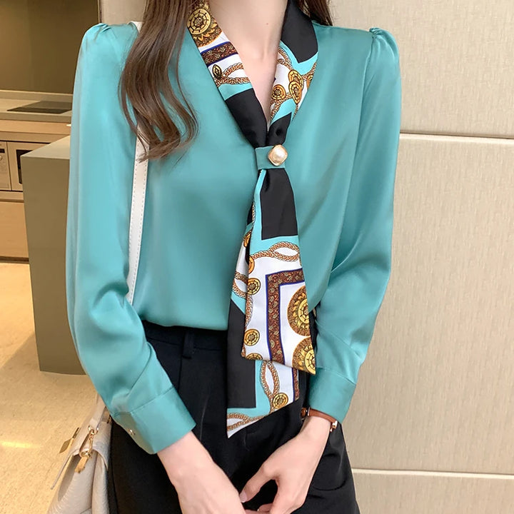 Elegant Office Lady Bow Chiffon Blouse - V-Neck Long Sleeve Spring Autumn Top