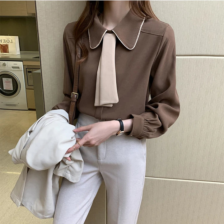 Long Sleeve Chiffon Blouse - Turn Down Collar Office Top