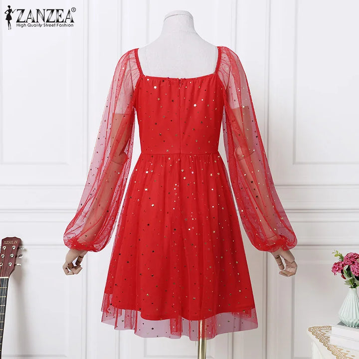 ZANZEA Lace Patchwork A-line Dress, knee-length with long sleeves