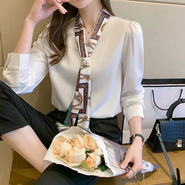 Elegant Office Lady Bow Chiffon Blouse - V-Neck Long Sleeve Spring Autumn Top