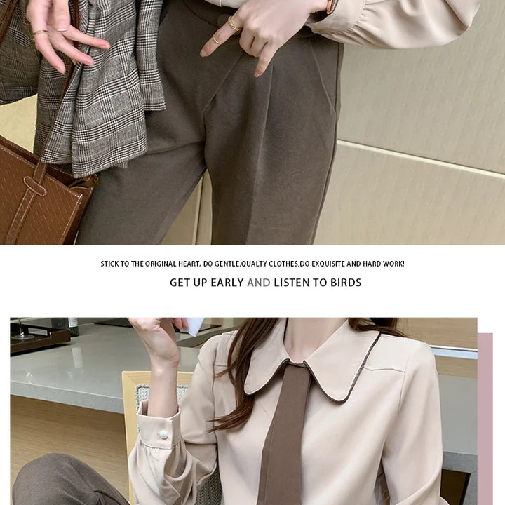 Long Sleeve Chiffon Blouse - Turn Down Collar Office Top