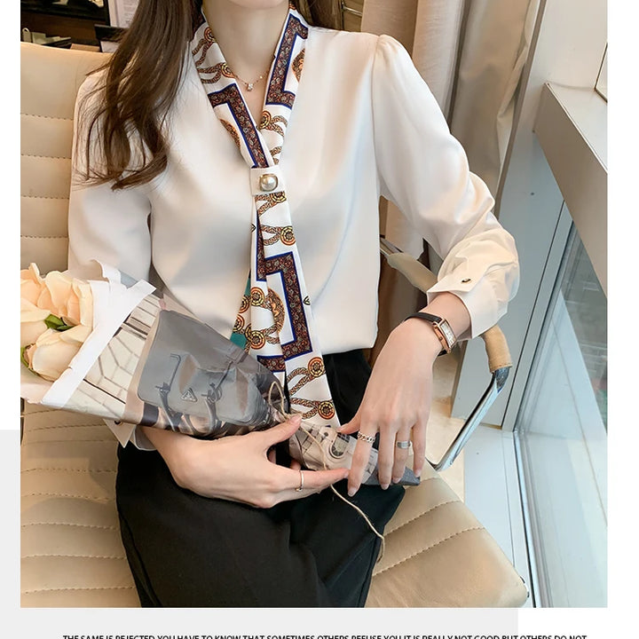 Elegant Office Lady Bow Chiffon Blouse - V-Neck Long Sleeve Spring Autumn Top