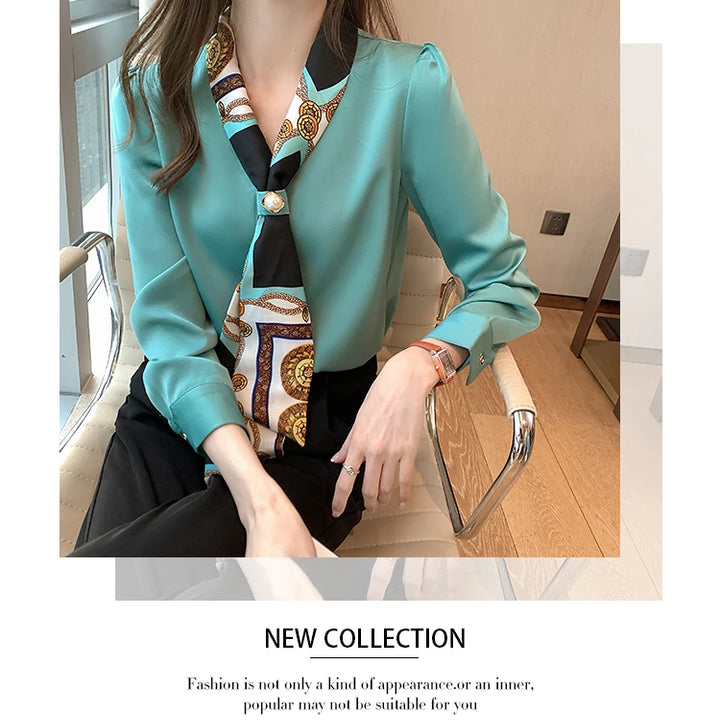 Elegant Office Lady Bow Chiffon Blouse - V-Neck Long Sleeve Spring Autumn Top