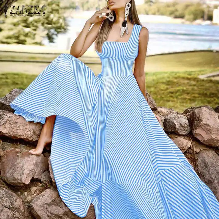 ZANZEA Bohemian Striped Maxi Dress - Elegant Sleeveless Summer Sundress