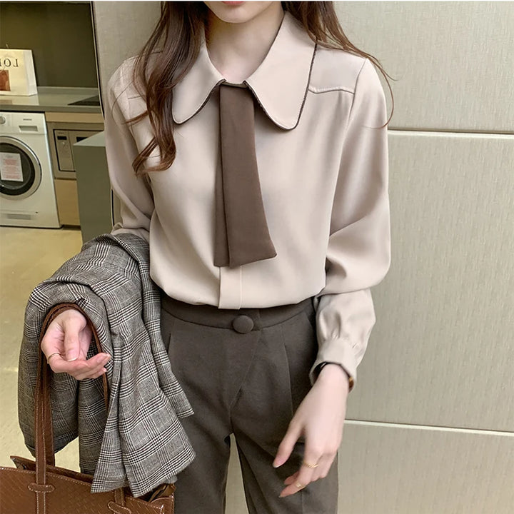 Long Sleeve Chiffon Blouse - Turn Down Collar Office Top