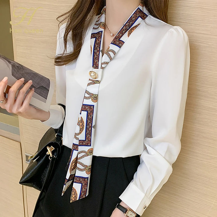 Spring Chiffon Blouse - Bow Long Sleeve Office Lady Casual Top