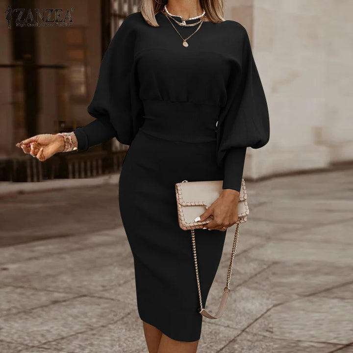 ZANZEA Autumn Bodycon Dress - Elegant Lantern Sleeve Pencil Work Kaftan