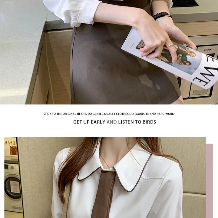 Long Sleeve Chiffon Blouse - Turn Down Collar Office Top