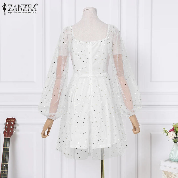 ZANZEA Lace Patchwork A-line Dress, knee-length with long sleeves