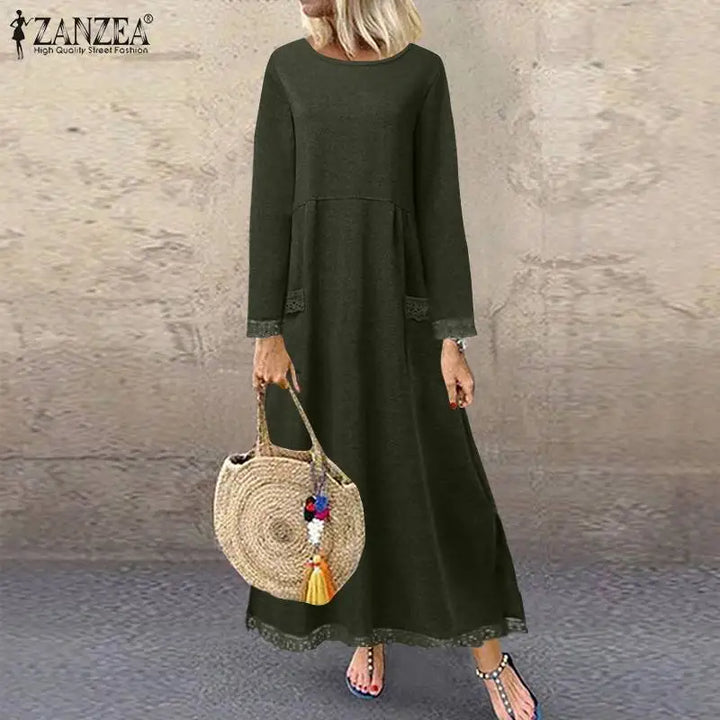 ZANZEA Lace Patchwork Hoodie Dress - Autumn Maxi Sweatshirt Sundress