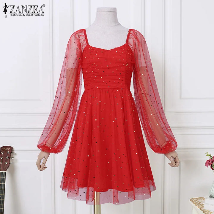 ZANZEA Lace Patchwork A-line Dress, knee-length with long sleeves