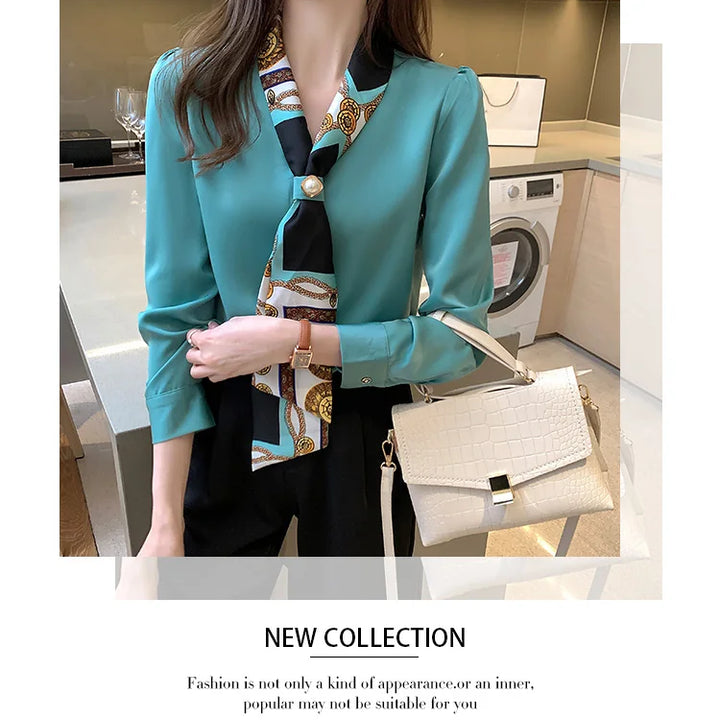 Elegant Office Lady Bow Chiffon Blouse - V-Neck Long Sleeve Spring Autumn Top