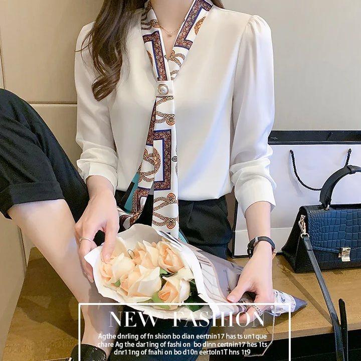 Elegant Office Lady Bow Chiffon Blouse - V-Neck Long Sleeve Spring Autumn Top