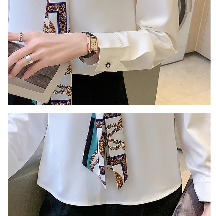 Elegant Office Lady Bow Chiffon Blouse - V-Neck Long Sleeve Spring Autumn Top