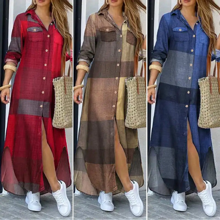 ZANZEA Autumn Vintage Plaid Maxi Dress - Elegant Long Sleeve Casual Robe