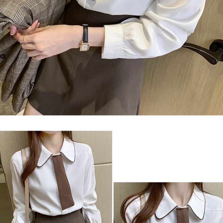 Long Sleeve Chiffon Blouse - Turn Down Collar Office Top