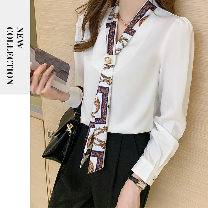 Elegant Office Lady Bow Chiffon Blouse - V-Neck Long Sleeve Spring Autumn Top