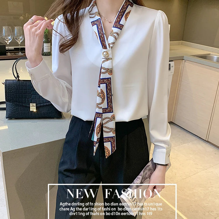 Elegant Office Lady Bow Chiffon Blouse - V-Neck Long Sleeve Spring Autumn Top