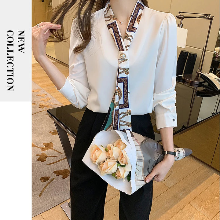 Elegant Office Lady Bow Chiffon Blouse - V-Neck Long Sleeve Spring Autumn Top