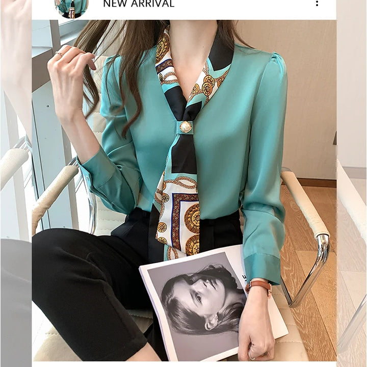 Elegant Office Lady Bow Chiffon Blouse - V-Neck Long Sleeve Spring Autumn Top