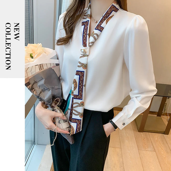 Elegant Office Lady Bow Chiffon Blouse - V-Neck Long Sleeve Spring Autumn Top