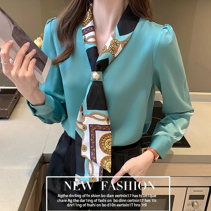 Elegant Office Lady Bow Chiffon Blouse - V-Neck Long Sleeve Spring Autumn Top