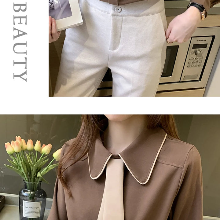 Long Sleeve Chiffon Blouse - Turn Down Collar Office Top