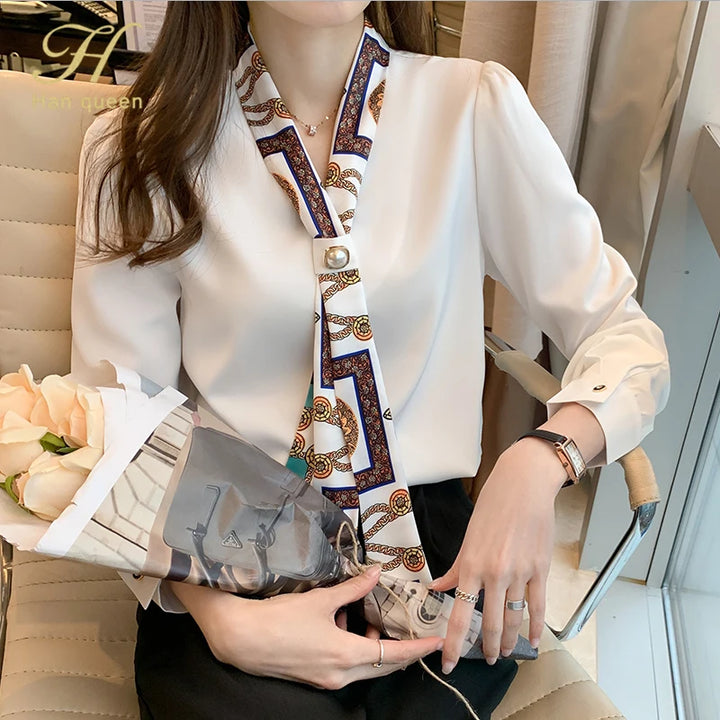 Spring Chiffon Blouse - Bow Long Sleeve Office Lady Casual Top