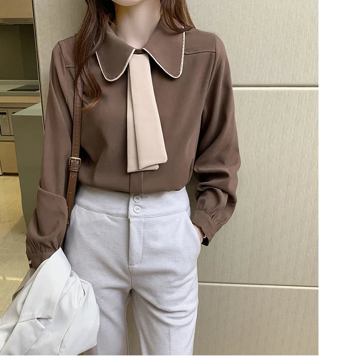 Long Sleeve Chiffon Blouse - Turn Down Collar Office Top