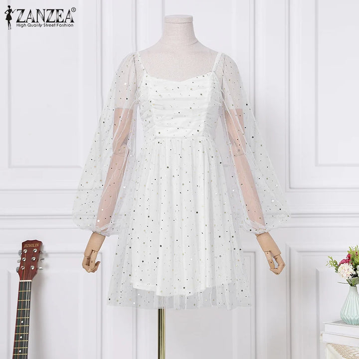 ZANZEA Lace Patchwork A-line Dress, knee-length with long sleeves