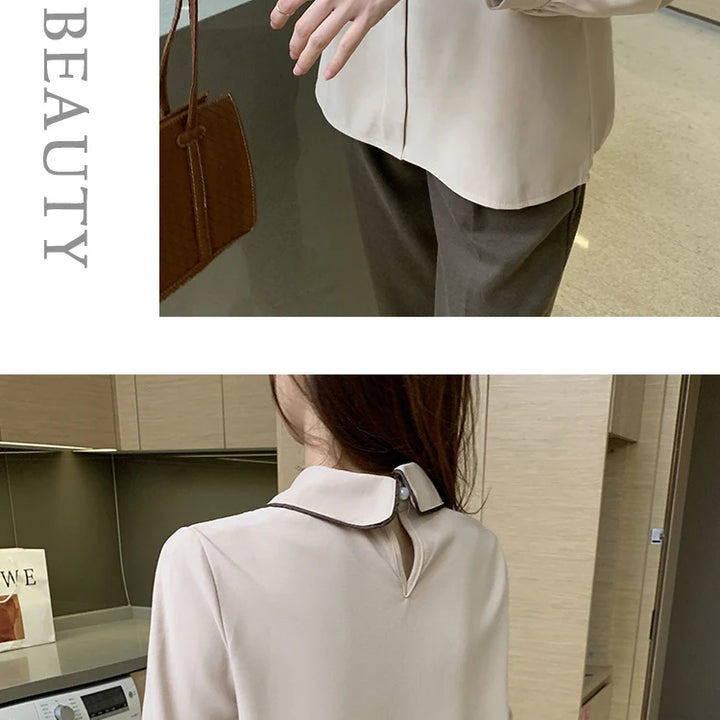 Long Sleeve Chiffon Blouse - Turn Down Collar Office Top