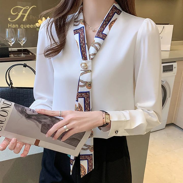 Spring Chiffon Blouse - Bow Long Sleeve Office Lady Casual Top