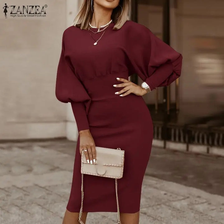 ZANZEA Autumn Bodycon Dress - Elegant Lantern Sleeve Pencil Work Kaftan