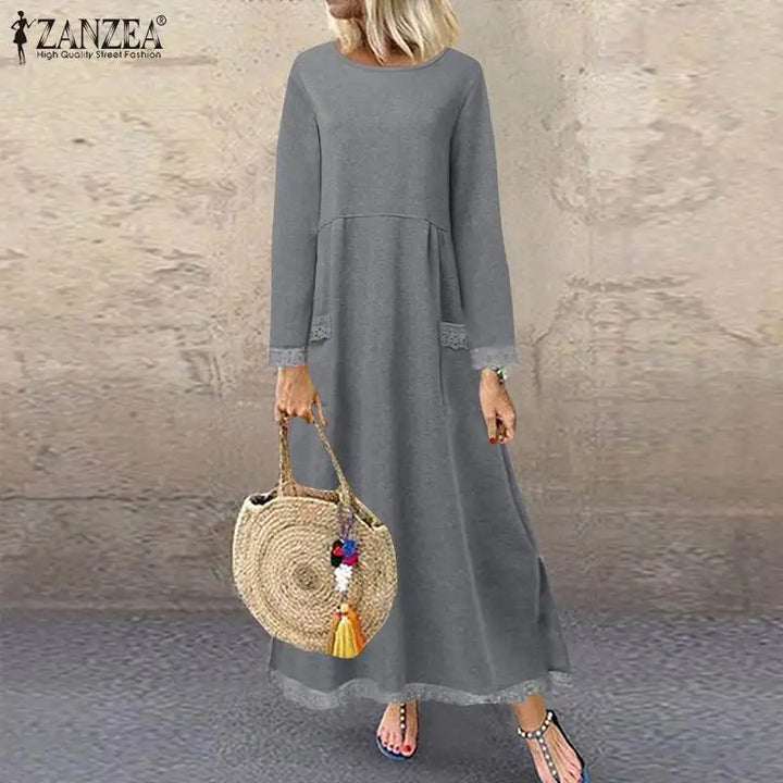 ZANZEA Lace Patchwork Hoodie Dress - Autumn Maxi Sweatshirt Sundress